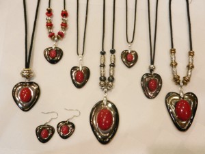 stoneware clay, red mountain cabacon, heart pendants, adjustable cotton cord , elena calderon handmade jewelry, beaded necklace