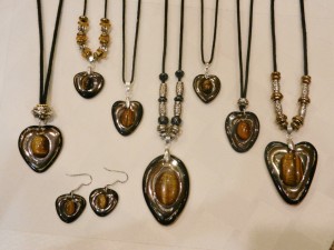 Stoneware Clay, tiger eye gemstones, heart pendants, adjustable cotton cord, elena calderon handmade jewelry, beaded necklaces