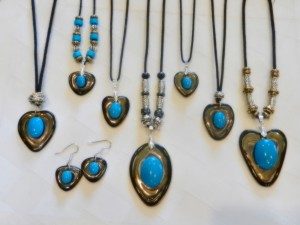 stoneware clay, heard pendants, blue mountain jade cabachon, adjustable cotton cord,elena calderon handmade jewelry, beaded necklace