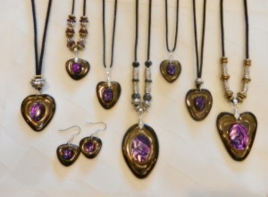 stoneware clay, heart pendants,adjustable cotton cord, purple paua shell, elena calderon handmade jewelry, beaded necklaces