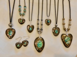 stoneware clay, heart pendants and heart shaped earrings, natural paua shell cabachon, adjustable cotton cord, elena calderon handmade jewelry, beaded necklaces