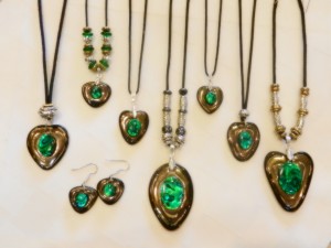 stoneware clay, green paua shell cabachon, heart pendants and heart earrings, elena calderon handmade jewelry, adjustable cotton cord, beaded necklaces