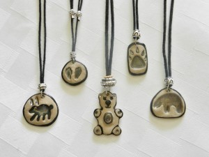 stoneware clay necklaces, bunny, bear, pendants, adjustable cotton cord, elena calderon handmade jewelry
