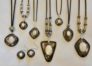 stoneware clay, diamond shape pendants, Mother of Pearl Gemstone Cabachon, adjustable cotton cord, elena calderon handmade jewelry, beaded necklace